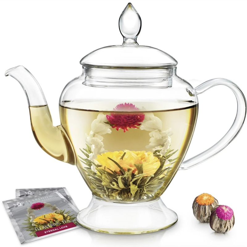 Glass Teapot with Gourmet Blooming Tea Flowers